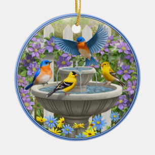 Bluebirds Goldfinches and Fountain Birdbath Ceramic Tree Decoration