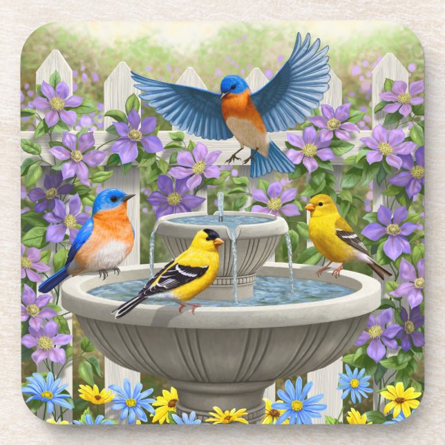 Bluebirds Goldfinches and Fountain Birdbath Coaster (Front)