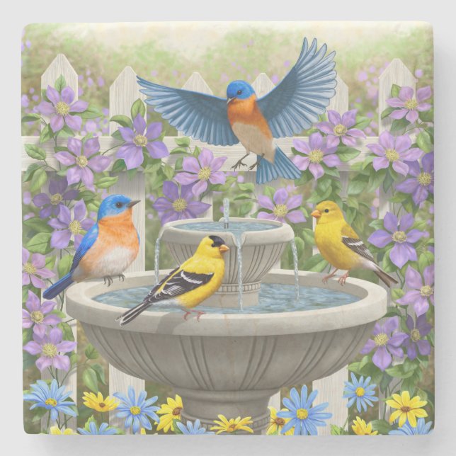 Bluebirds Goldfinches and Fountain Birdbath Stone Coaster (Front)