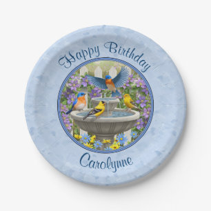 Bluebirds Goldfinches Birdbath Blue Paper Plate