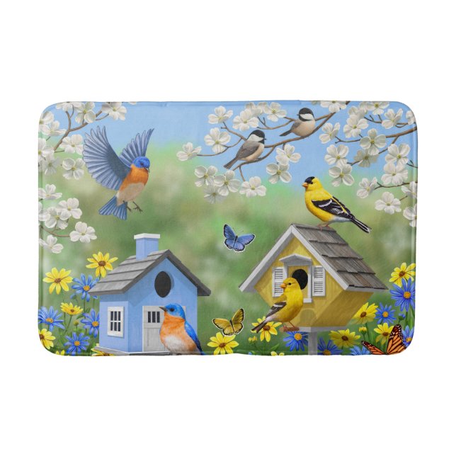 Bluebirds Goldfinches Birdhouses Flower Garden Bath Mat (Front)