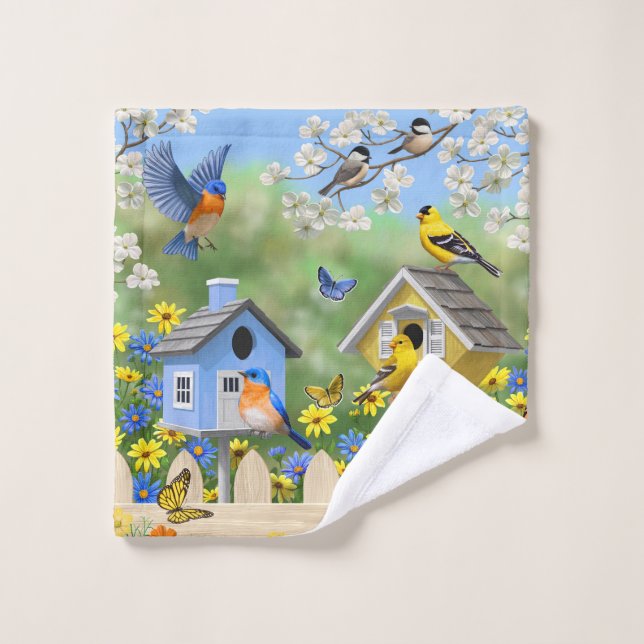 Bluebirds Goldfinches Birdhouses Flower Garden Bath Towel Set (Wash Cloth)