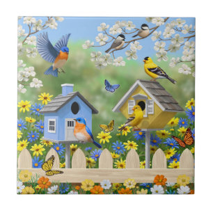 Bluebirds Goldfinches Birdhouses Flower Garden Ceramic Tile