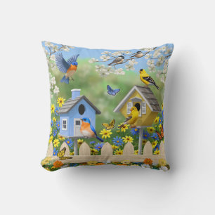 Bluebirds Goldfinches Birdhouses Flower Garden Cushion