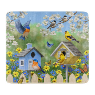 Bluebirds Goldfinches Birdhouses Flower Garden Cutting Board