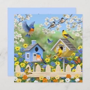 Bluebirds Goldfinches Birdhouses Flower Garden Invitation