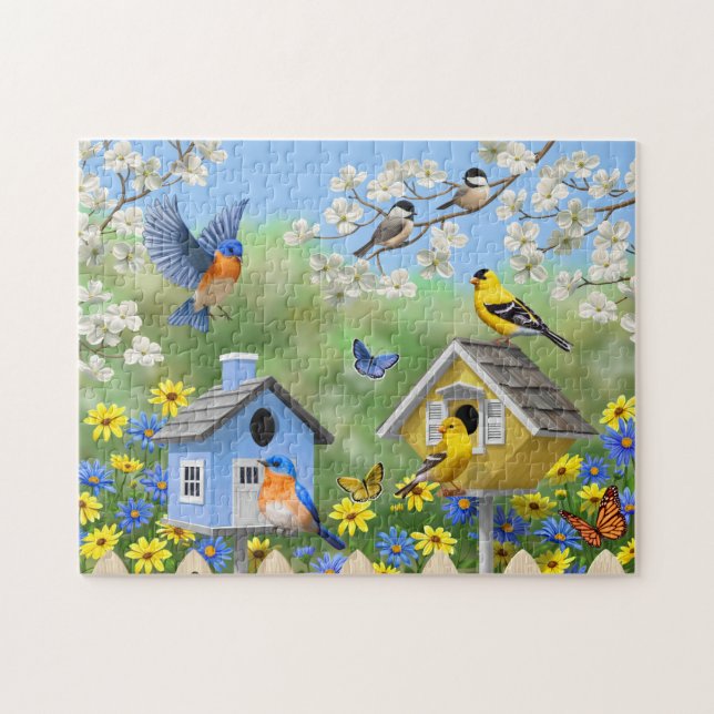 Bluebirds Goldfinches Birdhouses Flower Garden Jigsaw Puzzle (Horizontal)