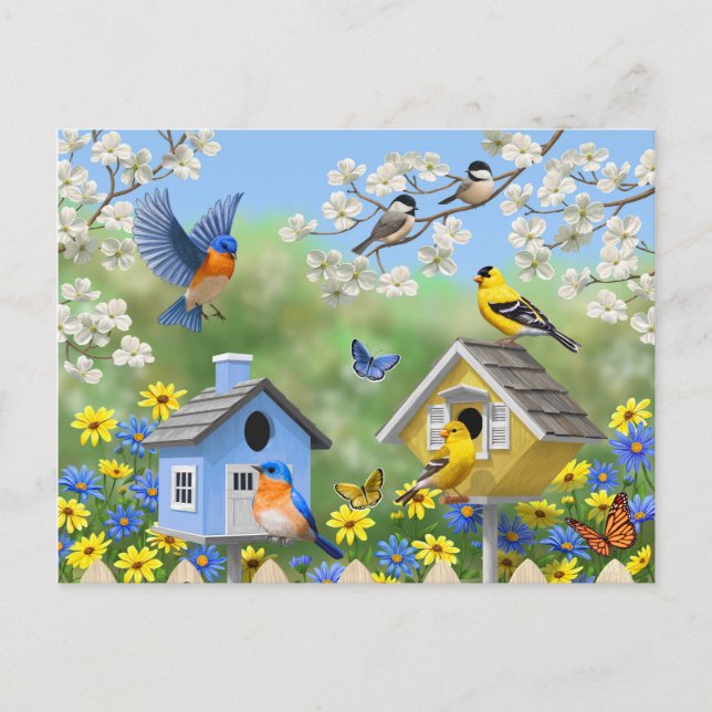 Bluebirds Goldfinches Birdhouses Flower Garden Postcard (Front)
