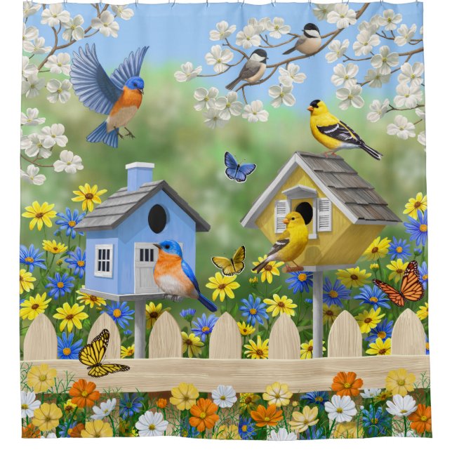 Bluebirds Goldfinches Birdhouses Flower Garden Shower Curtain (Front)