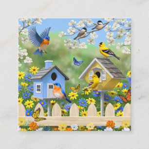 Bluebirds Goldfinches Birdhouses Flower Garden Square Business Card