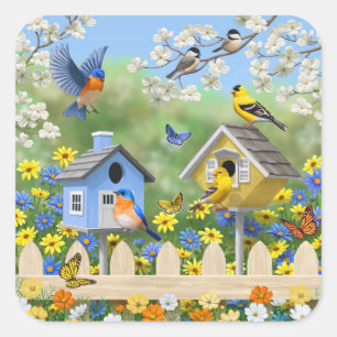 Bluebirds Goldfinches Birdhouses Flower Garden Square Sticker