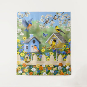 Bluebirds Goldfinches Birdhouses Flower Garden Tapestry
