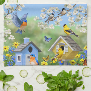 Bluebirds Goldfinches Birdhouses Flower Garden Tea Towel