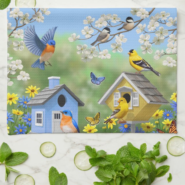 Bluebirds Goldfinches Birdhouses Flower Garden Tea Towel (Folded)