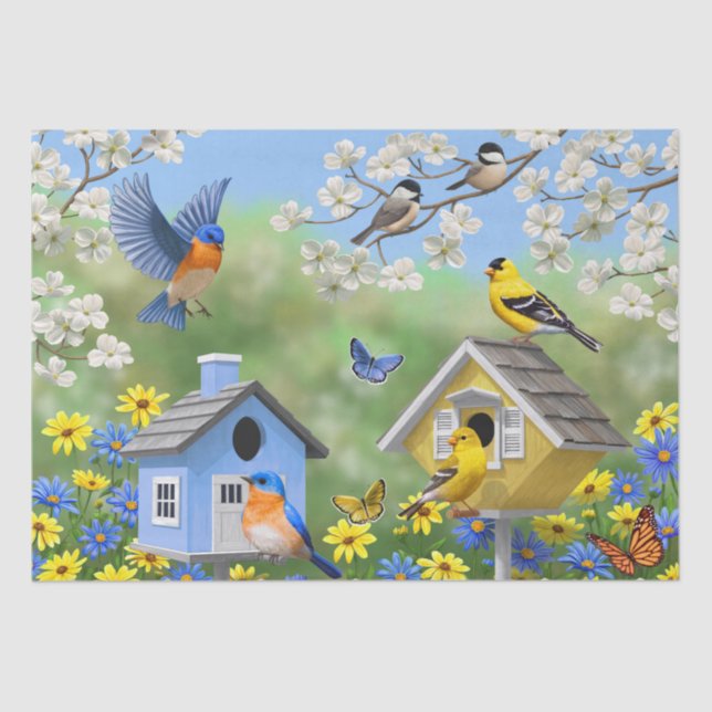 Bluebirds Goldfinches Birdhouses Flower Garden Tissue Paper (Front)