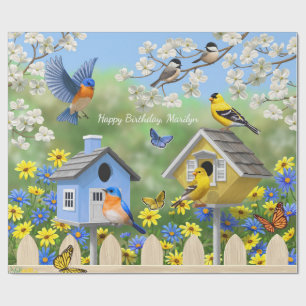 Bluebirds Goldfinches Birdhouses Flower Garden Wrapping Paper