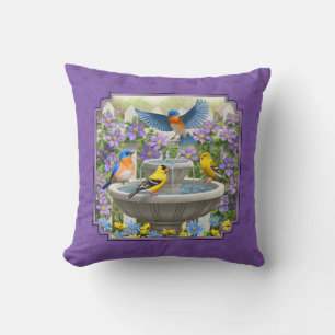 Bluebirds Goldfinches Flower Garden Bath Purple Cushion