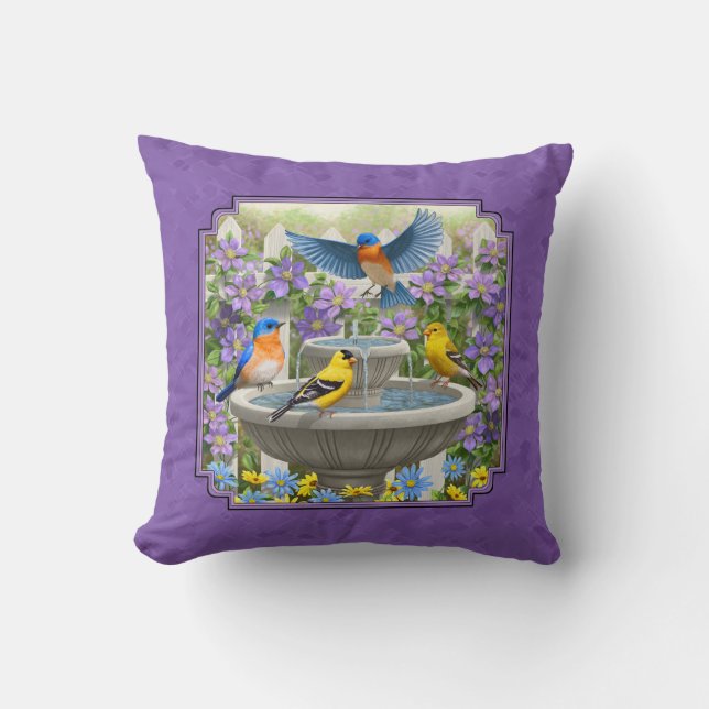 Bluebirds Goldfinches Flower Garden Bath Purple Cushion (Front)