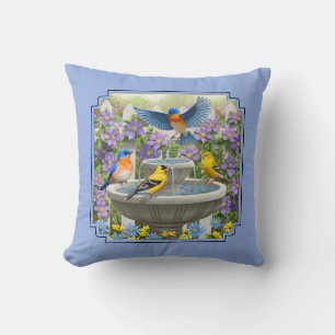 Bluebirds Goldfinches Flower Garden Fountain Blue Cushion