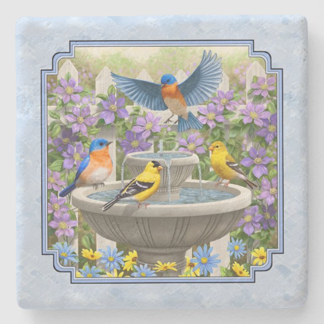 Bluebirds Goldfinches Flower Garden Fountain Blue Stone Coaster (Front)