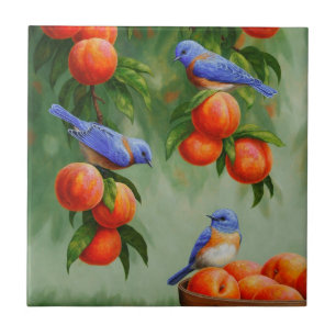 Bluebirds in a Peach Tree Orchard Ceramic Tile