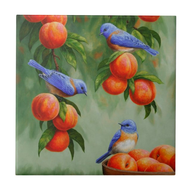 Bluebirds in a Peach Tree Orchard Ceramic Tile (Front)