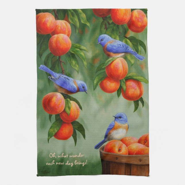 Bluebirds in a Peach Tree Orchard Tea Towel (Vertical)