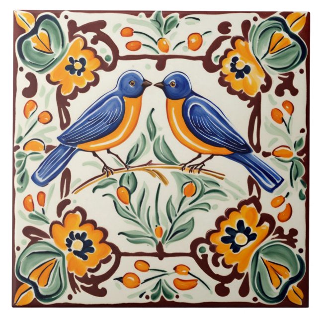 Bluebirds Mediterranean Blue Birds Folk Floral Ceramic Tile (Front)