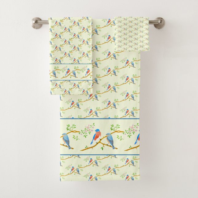 Bluebirds Pair Yellow Bath Towel Set (Insitu)
