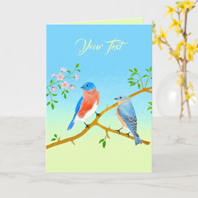 Bluebirds Pale Blue & Green Flat Card (Yellow Flower)