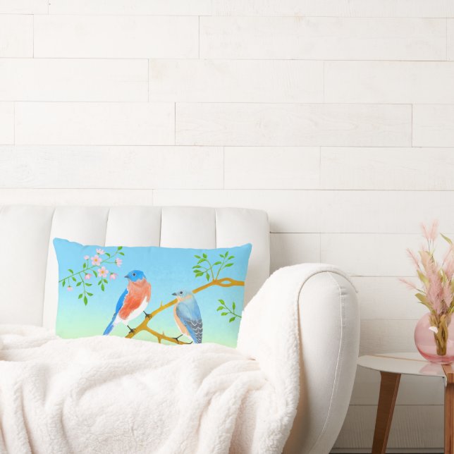 Bluebirds Pale Blue & Green Lumbar Cushion (Couch)