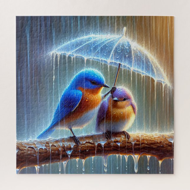 Bluebirds Under An Umbrella Jigsaw Puzzle (Vertical)