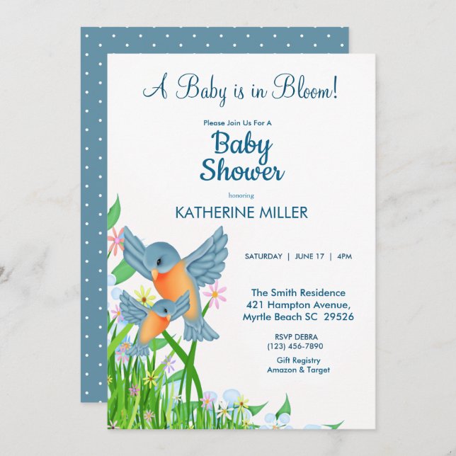  Bluebirds Wildflowers Baby Shower    Invitation (Front/Back)