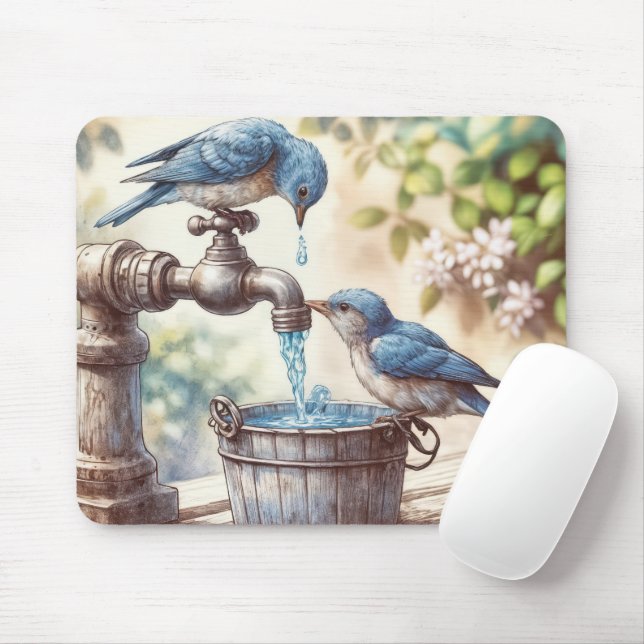 Bluebirds With an Old Faucet and Bucket Mouse Pad (With Mouse)