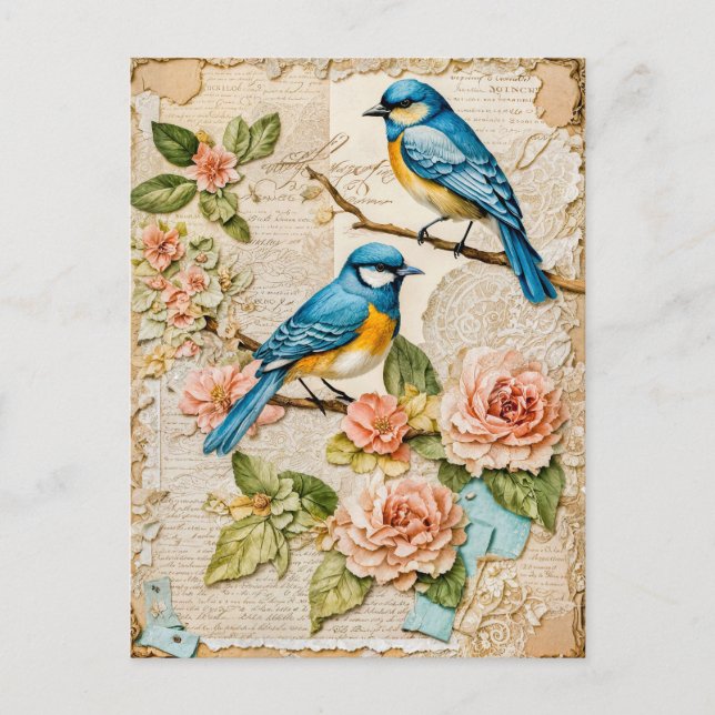 Bluebirds with Roses Holiday Postcard (Front)
