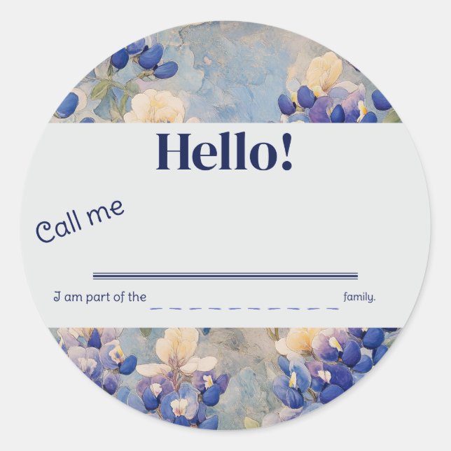 Bluebonnet, Boho Country, Self Introduction Classic Round Sticker (Front)
