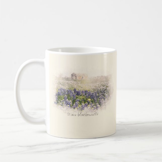 Bluebonnet Field Sketched Watercolor Coffee Mug (Left)