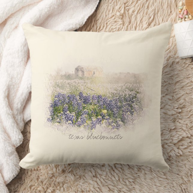Bluebonnet Field Sketched Watercolor Cushion (Blanket)
