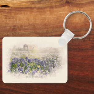 Bluebonnet Field Sketched Watercolor Key Ring