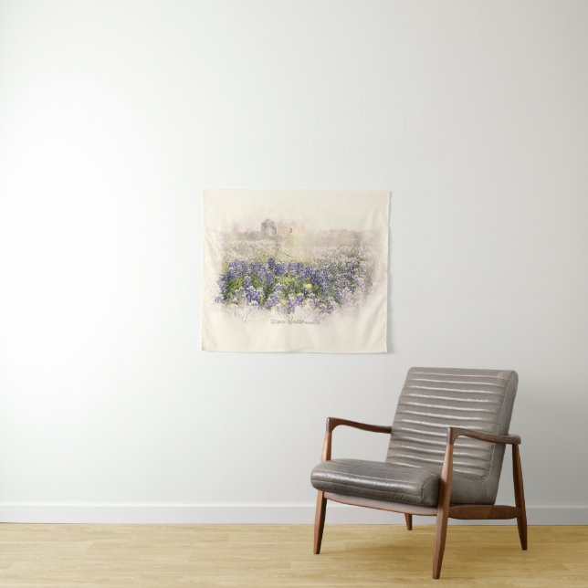 Bluebonnet Field Sketched Watercolor Tapestry (In Situ (Horizontal))