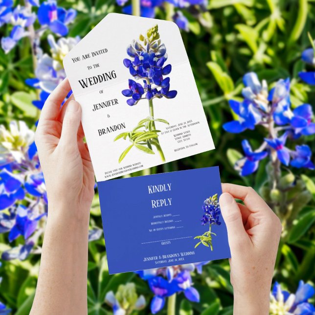Bluebonnet Floral on White, Wedding All In One Invitation (Creator Uploaded)