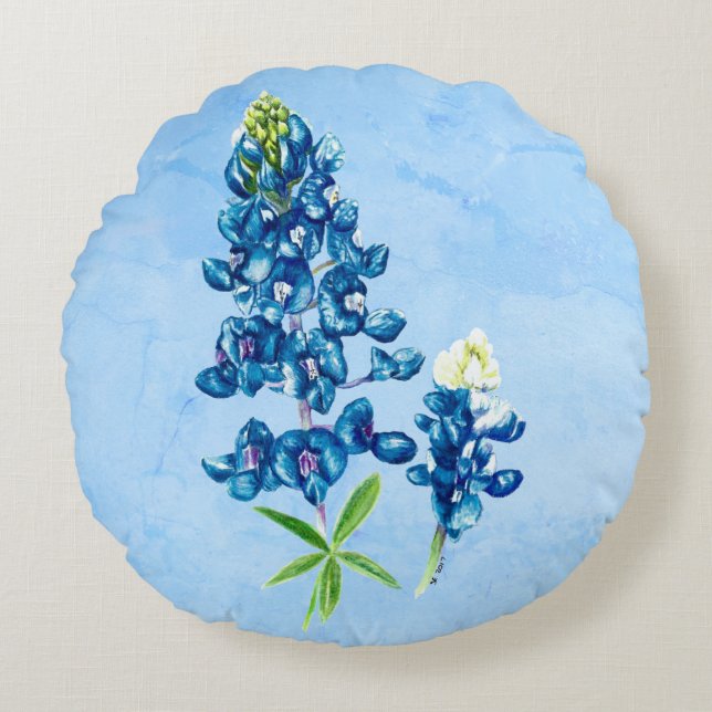 Bluebonnet on Blue Round Cushion (Front)