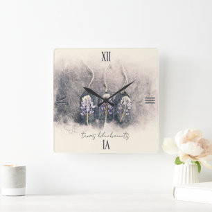 Bluebonnet Trio Sketched Watercolor Square Wall Clock
