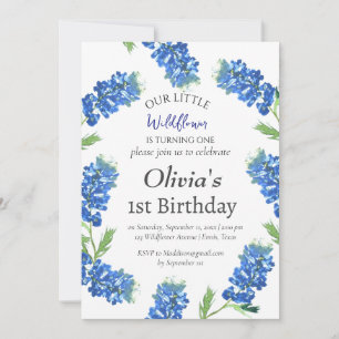 Bluebonnets 1st First Birthday Blue Floral Invitation
