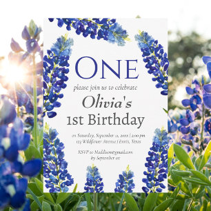 Bluebonnets 1st First Birthday Blue Floral Invitation