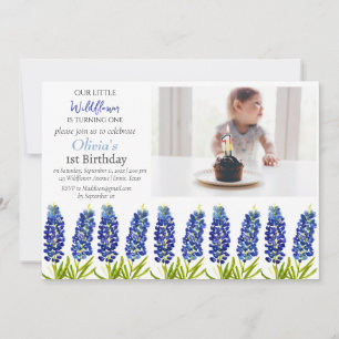 Bluebonnets 1st First Birthday Girl Photo Floral Invitation