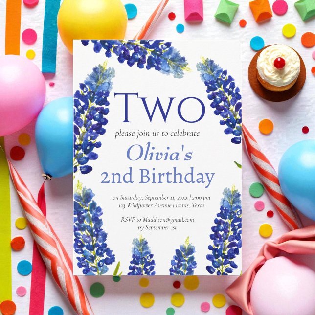 Bluebonnets 2nd Birthday Blue Floral  Invitation (Creator Uploaded)