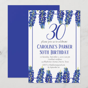 Bluebonnets 30th Birthday Blue Floral Texas Invitation