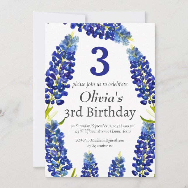 Bluebonnets 3rd Third Birthday Blue Floral  Invitation (Front)