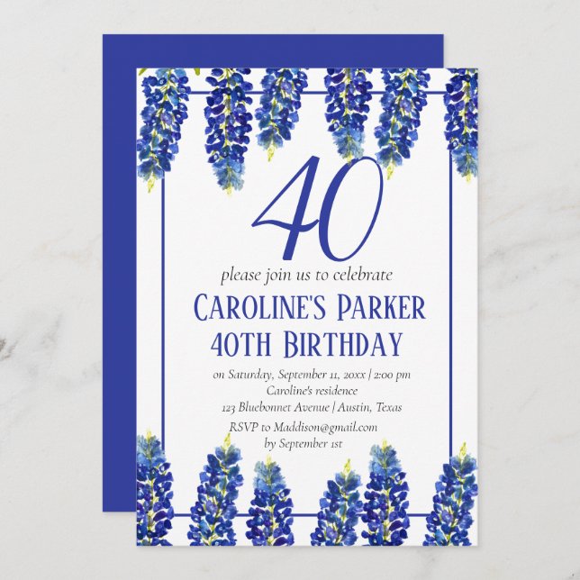 Bluebonnets 40th Birthday Blue Floral Texas Invitation (Front/Back)